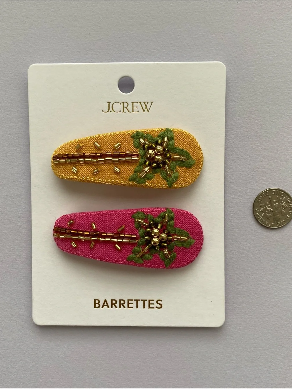 $40 NWT J. Crew Yellow Pink Embroidered Beaded Palm Tree Barrettes Hair Clips